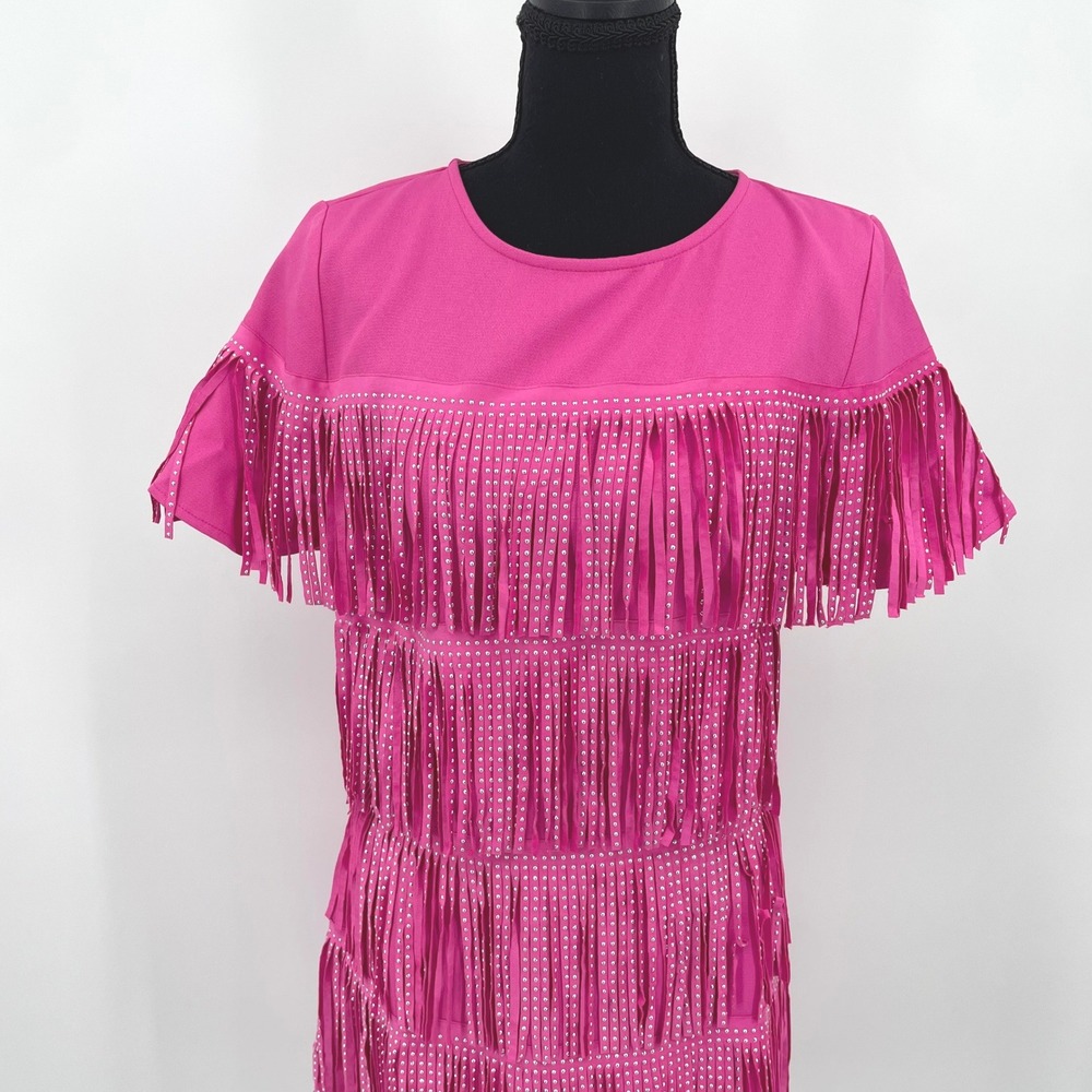 Mainstrip Fringe Dress Womens M Pink Polyester Western Studded Festival Boho - Picture 6 of 16